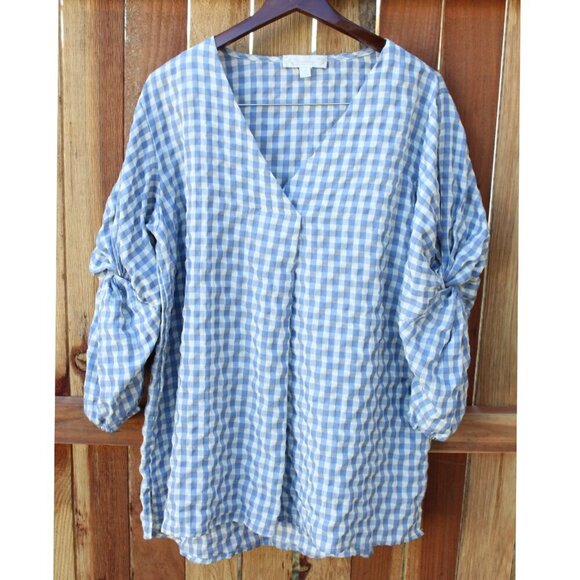 Suzanne Betro Gingham boho women's top Blue & white Twist sleeve size 2X Blouse - Picture 6 of 10